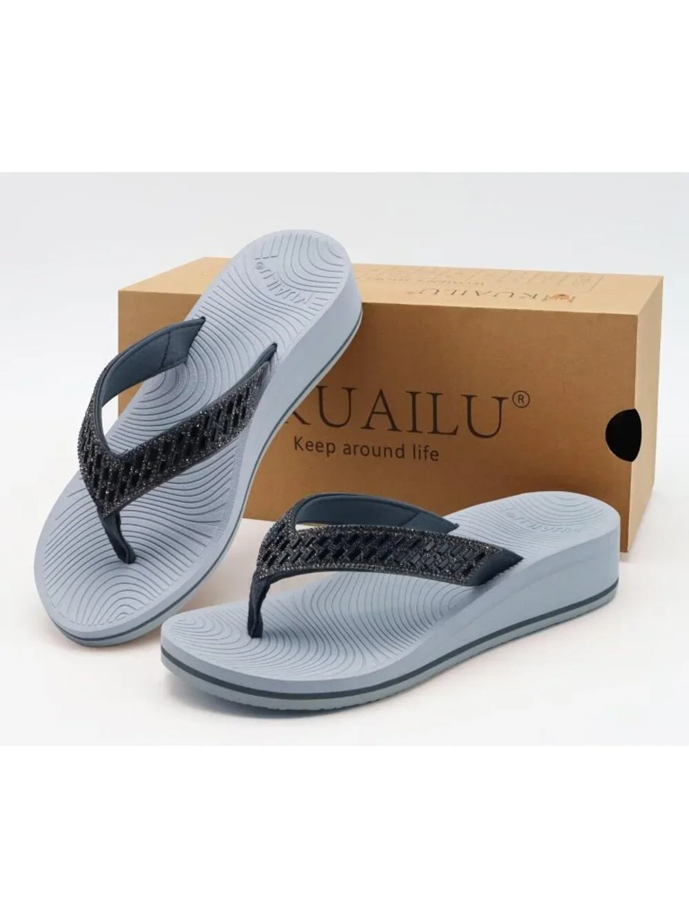 Women's Grey Comfortable Rhinestone Support Casual Flip Flops Stylish Sandals